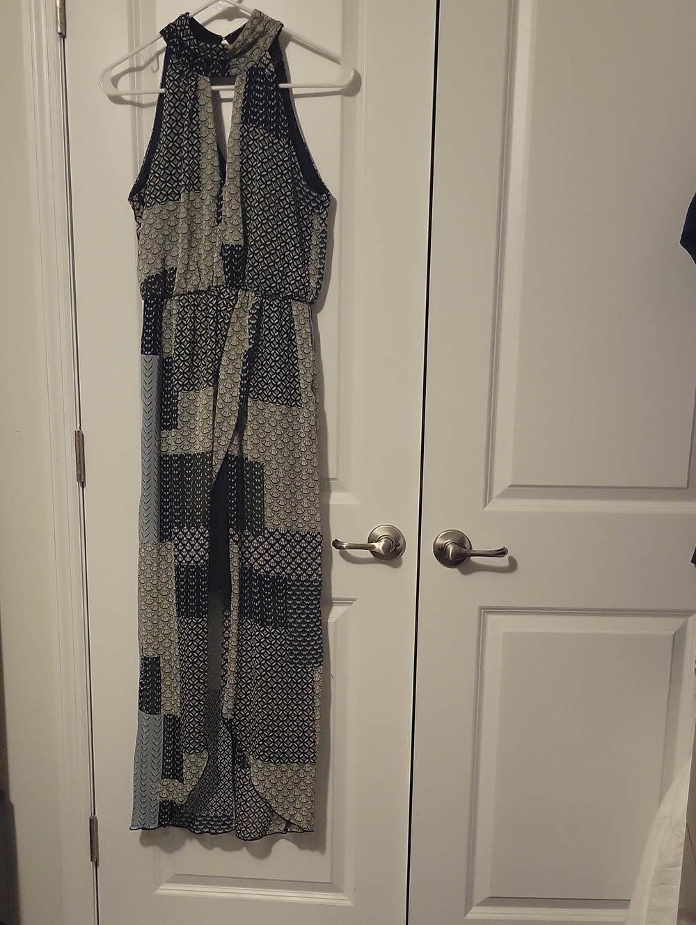 Patchwork Halter Maxi Dress in Blue and Cream